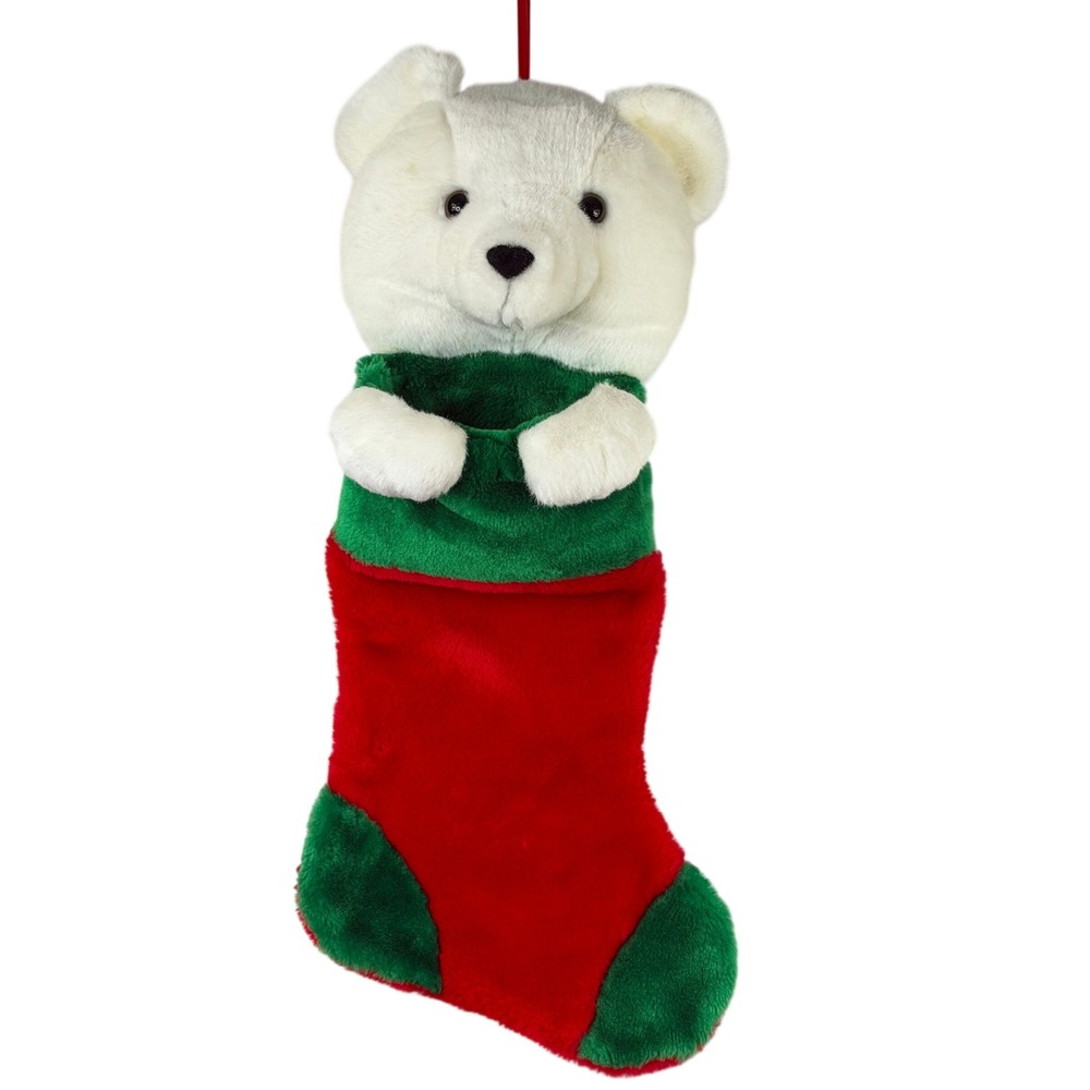 Unbranded Polar Bear Christmas Stocking Red Green White Plush Faux Fur Holiday